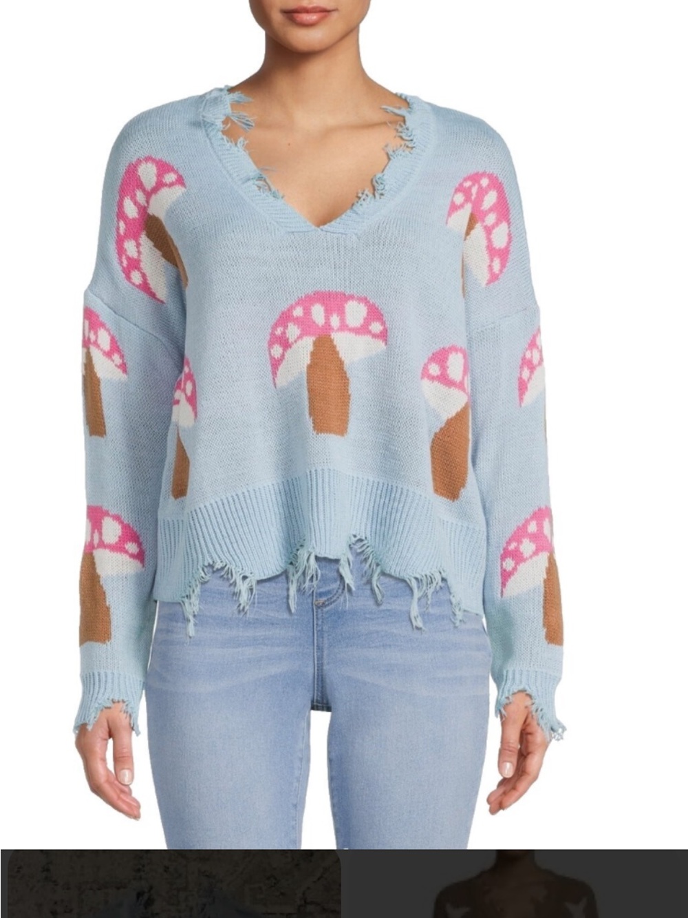 Just Polly Light Blue Distressed Mushroom Knit Sweater - L